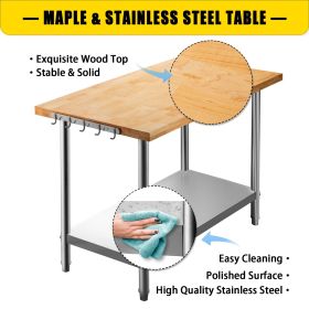 VEVOR Maple Top Work Table, Stainless Steel Kitchen Prep Table Wood, 36 x 30 Inches Metal Kitchen Table with Lower Shelf and Feet Stainless Steel Tabl