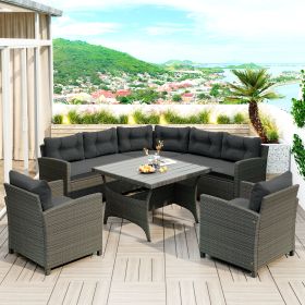 6-Piece Outdoor Wicker Sofa Set, Patio Rattan Dinning Set, Sectional Sofa with Thick Cushions and Pillows, Plywood Table Top, For Garden, Yard, Deck (Color: Gray)